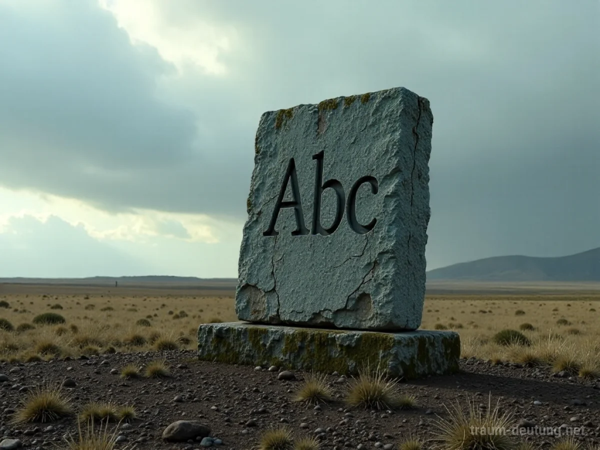 Traumsymbol Abc: Ein verwittertes Steindenkmal mit dem Buchstaben 'Abc' steht auf einer einsamen, windgepeitschten Ebene unter einem dramatischen Himmel.