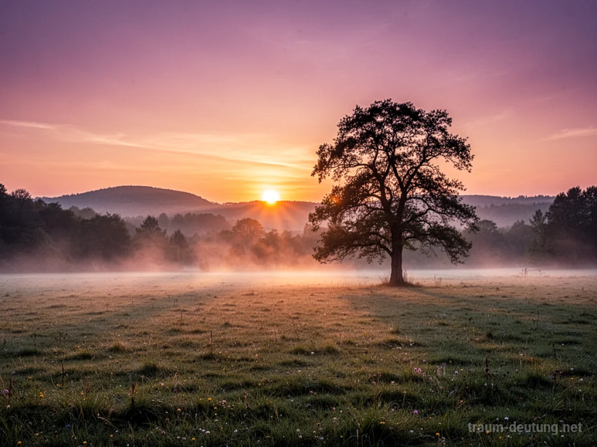 Traumsymbol Abend: Eine ruhige, fotorealistische Abendlandschaft mit untergehender Sonne, langen Schatten und einem silhouettierten Baum.