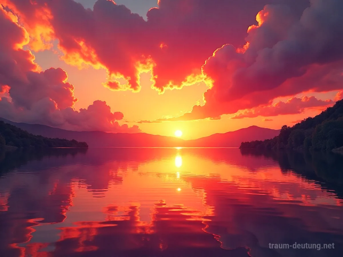 Traumdeutung Abendrot: Ein leuchtender Himmel in Orange-, Rot- und Lilatönen spiegelt sich auf einem ruhigen See, was auf einen friedlichen Abschluss hindeutet.