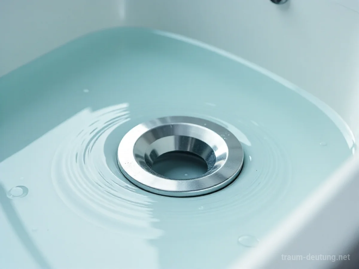 Traumdeutung Abfluss: Ein metallischer Abfluss in einer weißen Badewanne, aus dem Wasser langsam abfließt, beleuchtet von sanftem Licht.