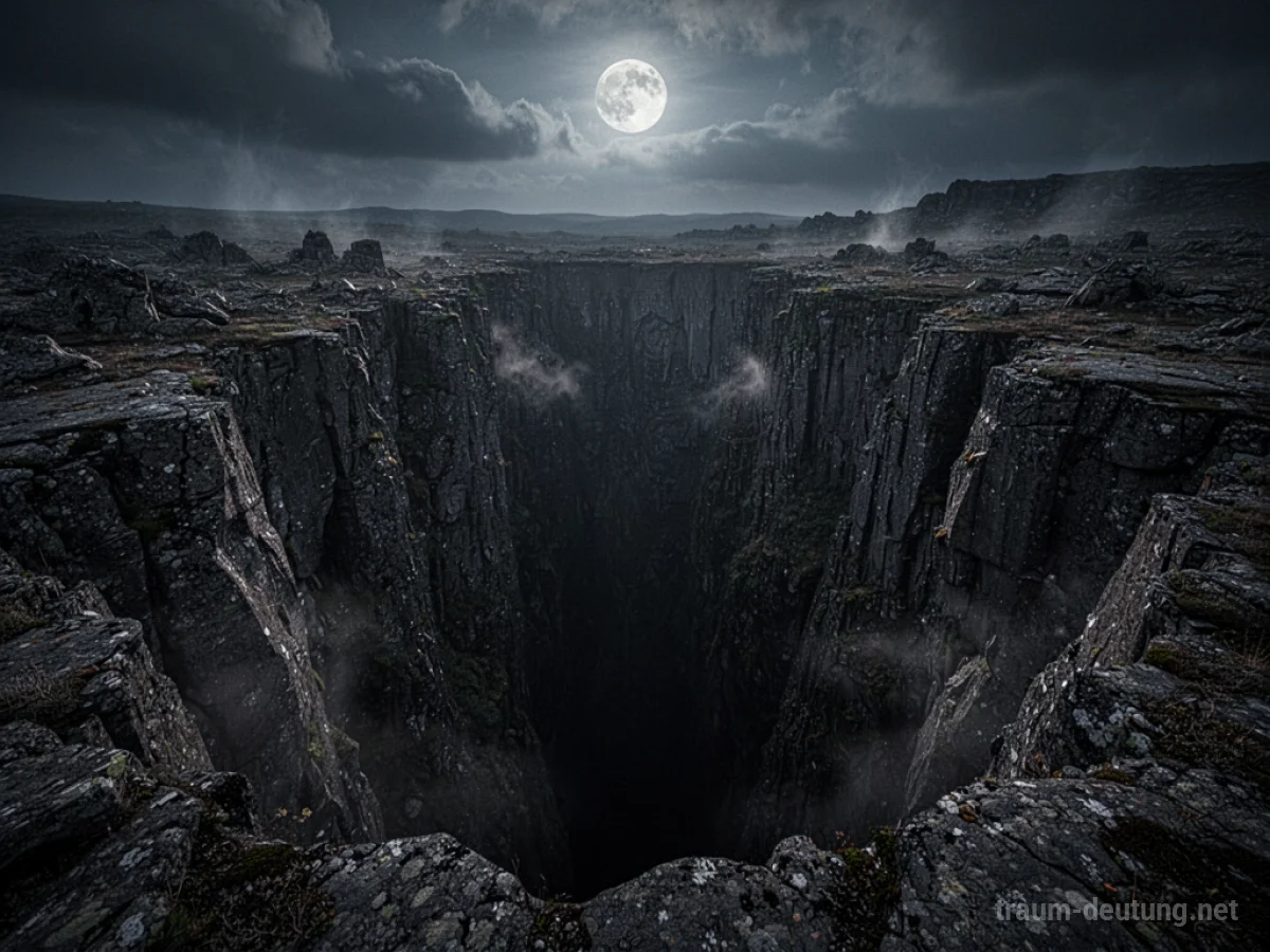 Traumsymbol Abgrund: Ein tiefer, dunkler Abgrund erstreckt sich in einer felsigen, einsamen Landschaft unter einem stürmischen Mondlicht.