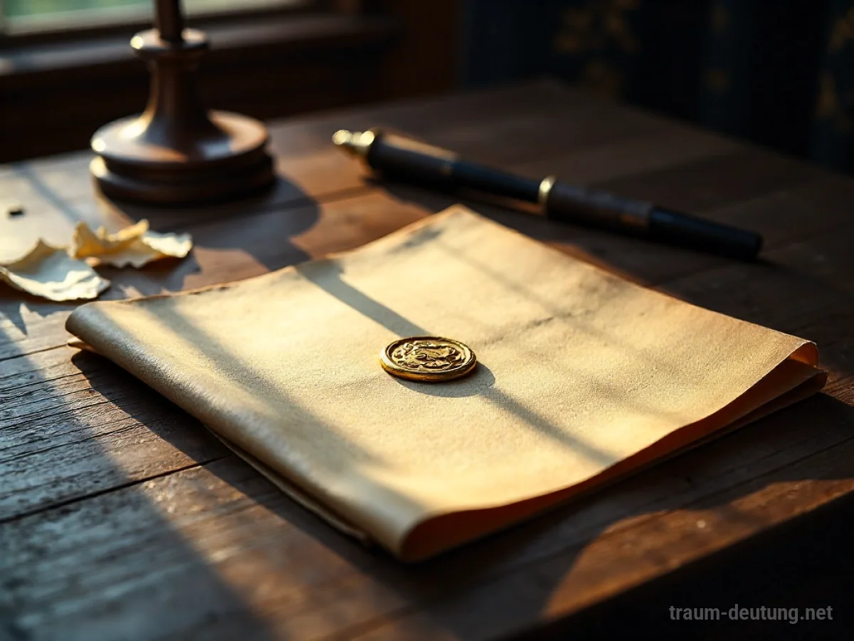 Traumsymbol Abitur: Ein altes, ledergebundenes Abiturzeugnis mit goldenem Siegel liegt auf einem dunklen Schreibtisch, beleuchtet von warmem Lampenlicht.