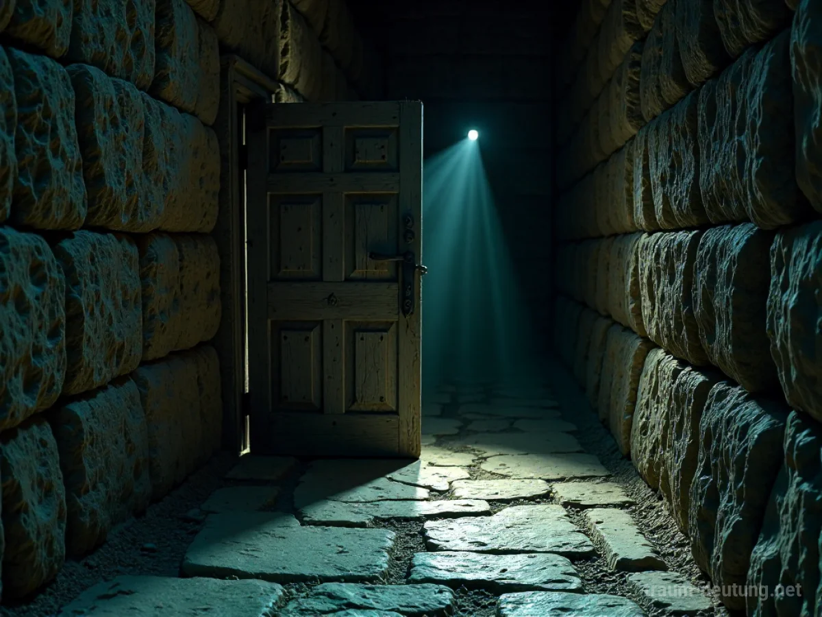 Traumsymbol Ablehnung: Eine leicht geöffnete, verwitterte Holztür in einem schwach beleuchteten, antiken Steinkorridor, aus dem ein ätherisches Licht dringt.