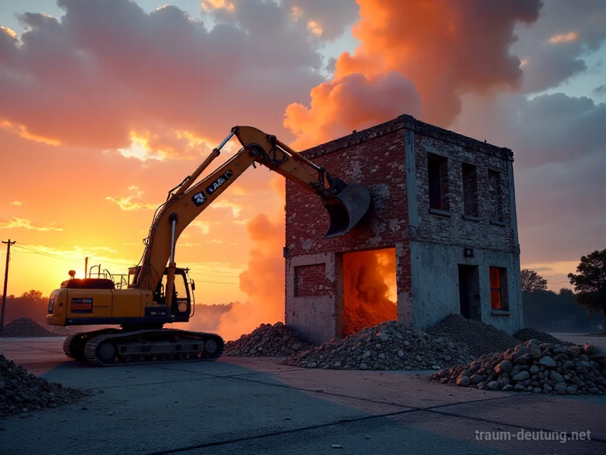 Traumsymbol Abriss: Ein gelber Bagger reißt die Fassade eines alten Backsteinhauses ein, während Staub in der Abendsonne aufsteigt.