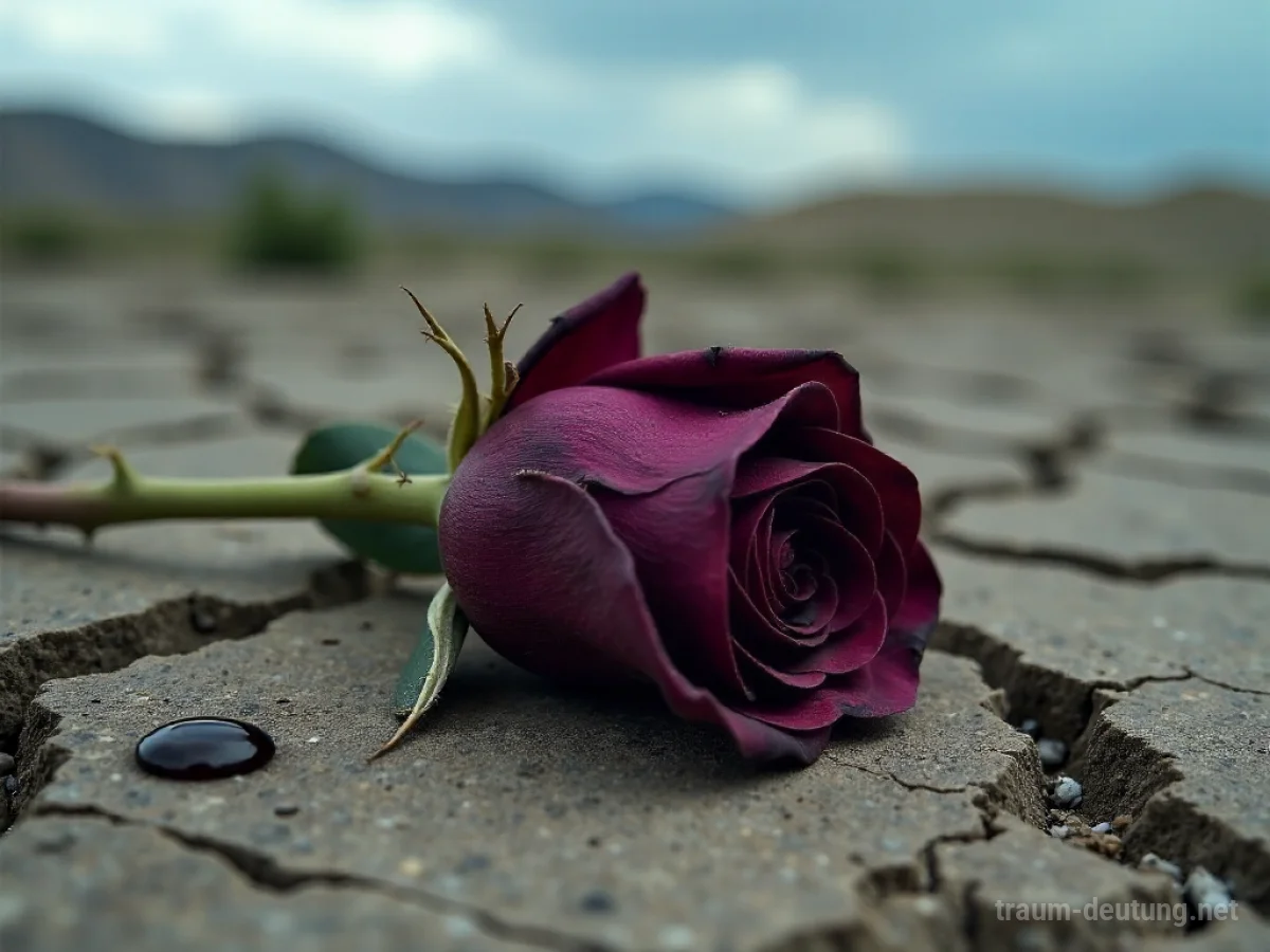 Traumsymbol Abscheu: Eine welkende, dunkelviolette Rose mit Fäulnis liegt auf rissiger Erde unter einem düsteren Himmel, symbolisierend tiefe Ablehnung.