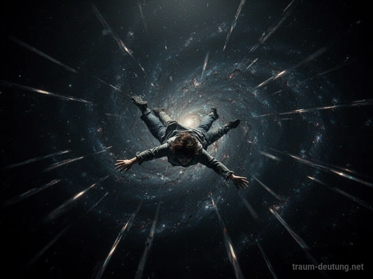 Traumsymbol Absturz: Eine einsame Gestalt fällt durch eine dunkle, unendliche Leere, umgeben von ätherischen Lichtstreifen und fernen Nebeln, unter dramatischem, filmischem Licht.