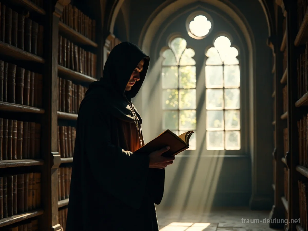 Traumdeutung Abt: Ein Abt in dunkler Robe steht in einer alten Klosterbibliothek, beleuchtet von einem Sonnenstrahl, und hält ein offenes Buch.