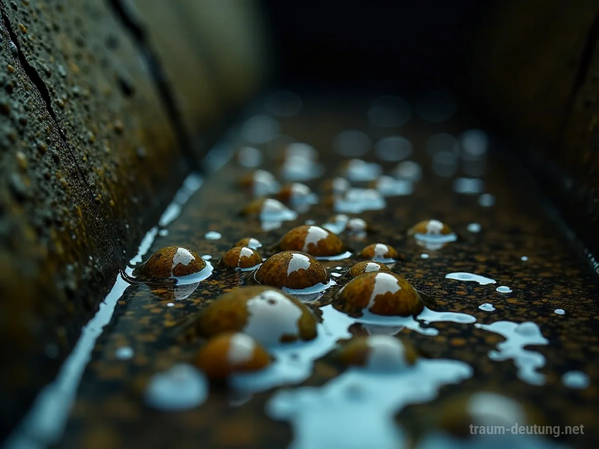 Traumsymbol Abwasser: Dunkles, trübes Abwasser fließt langsam durch eine rissige Betonröhre, umgeben von einer schweren, modrigen Atmosphäre.