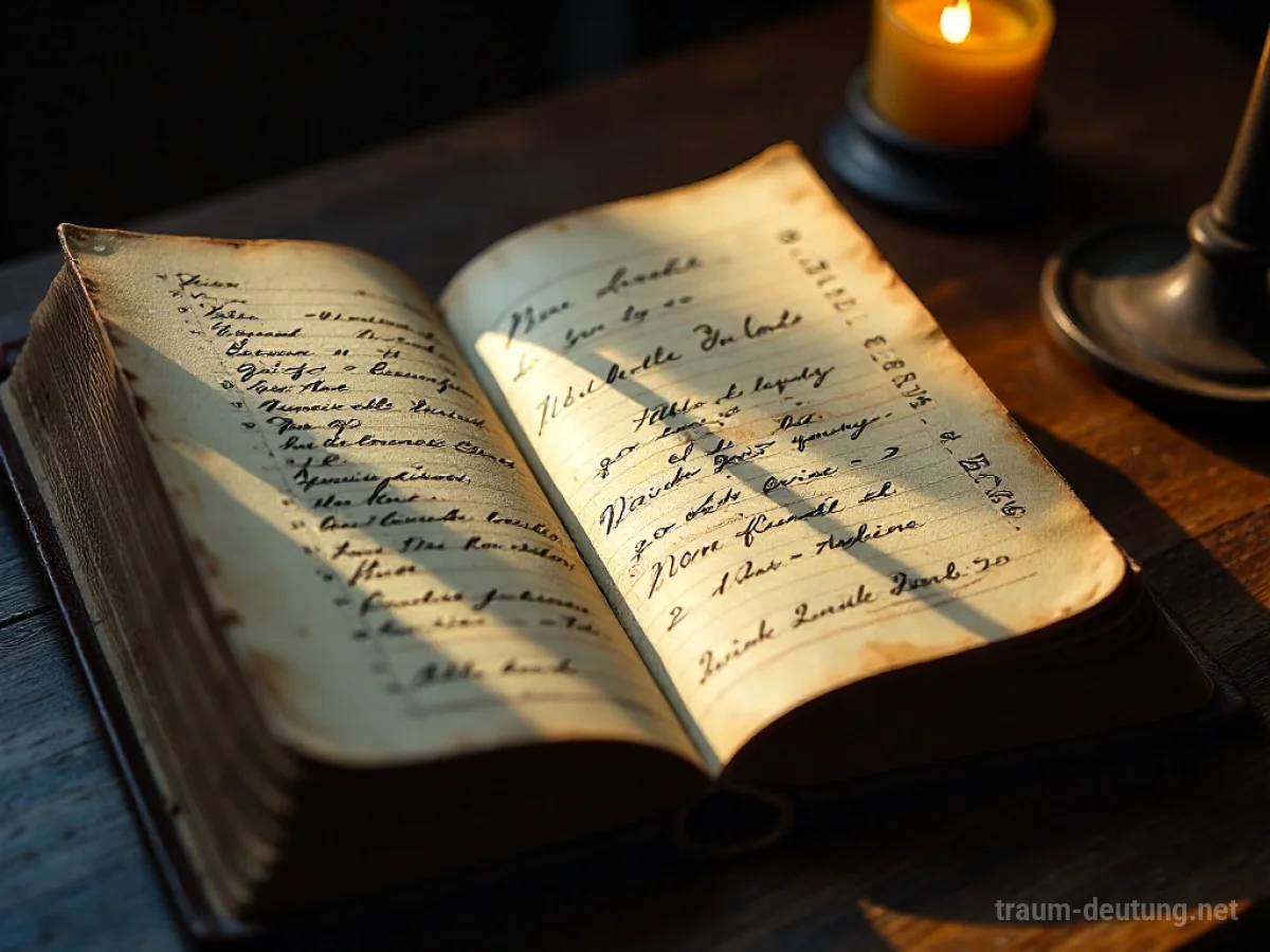 Traumdeutung Account: Ein offenes, altes Lederbuch liegt auf einem dunklen Holztisch, beleuchtet von sanftem Lampenlicht, mit handgeschriebenen Einträgen.