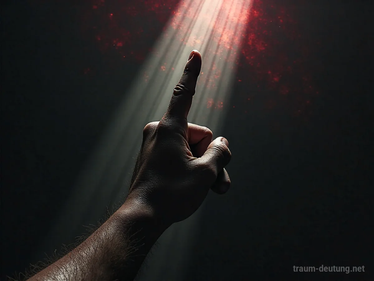 Traumdeutung Achtung: Eine einzelne, stark erhobene Hand mit ausgestrecktem Zeigefinger, die aus einer dunklen, wirbelnden Leere mit Lichtstrahlen hervorsticht.