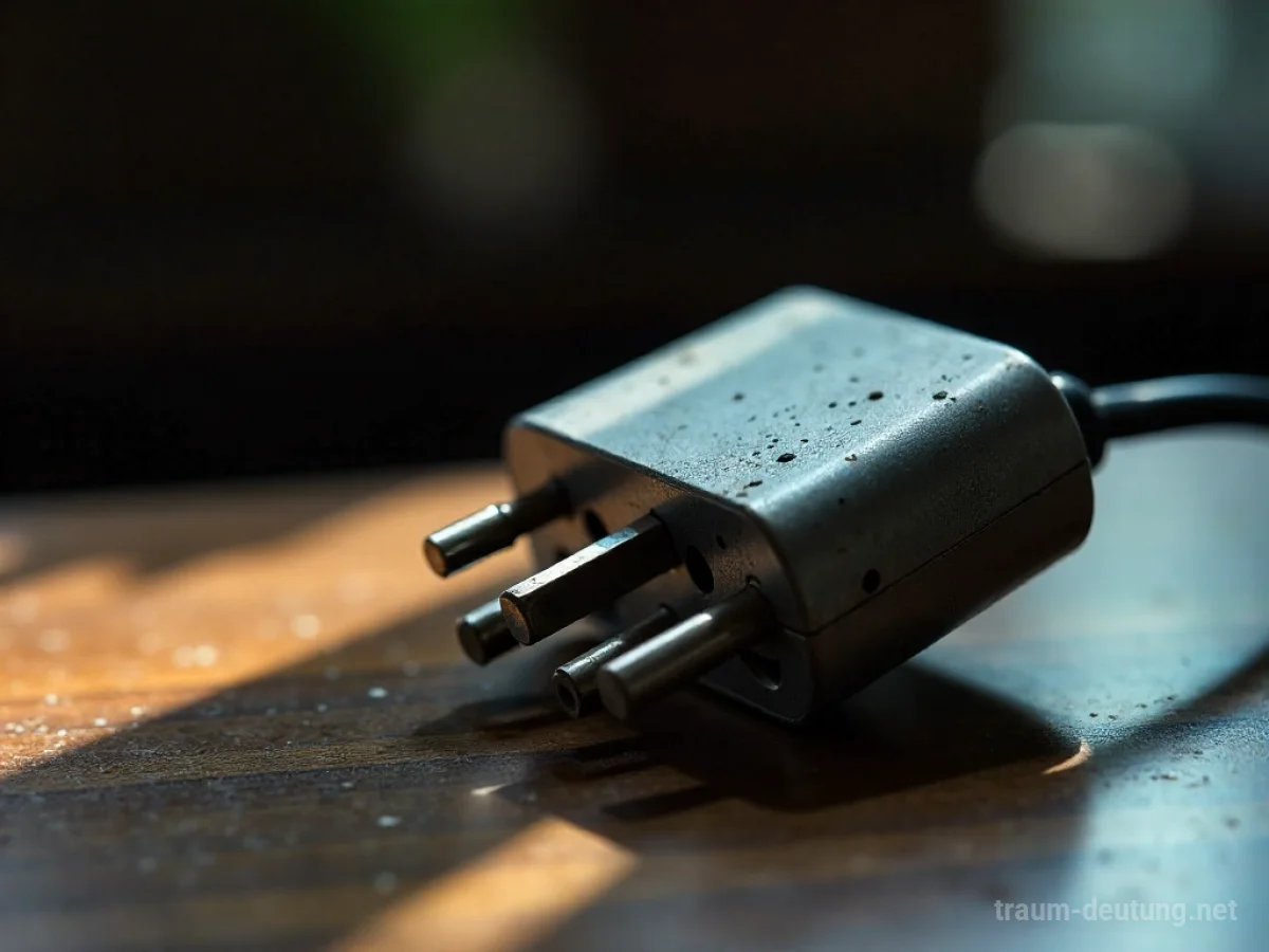 Traumsymbol Adapter: Ein metallischer, leicht abgenutzter elektrischer Adapter mit mehreren internationalen Steckern ruht auf einer dunklen Holzoberfläche im sanften Licht.