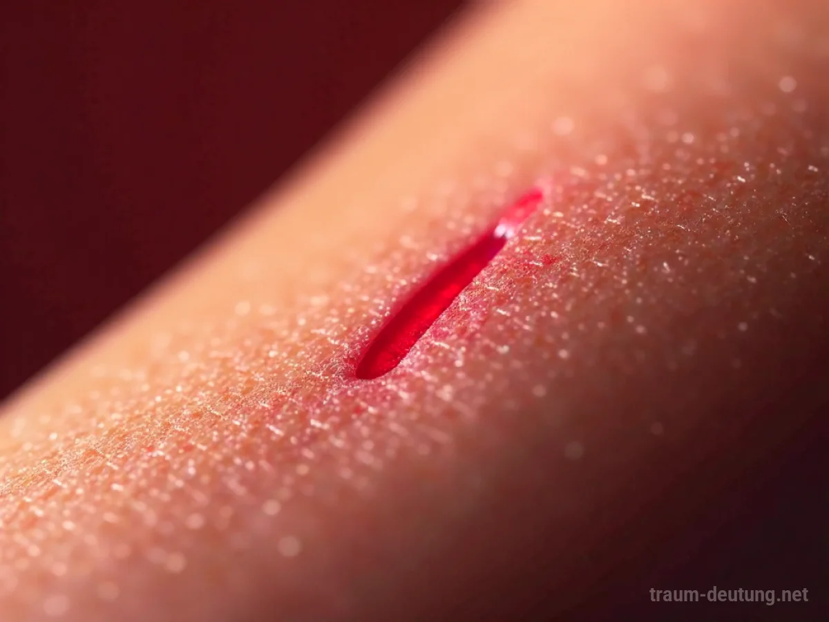 Traumsymbol Ader: Eine einzelne, pulsierende rote Ader wird nahaufgenommen, umgeben von sanft beleuchteter Haut, mit unscharfem Hintergrund.
