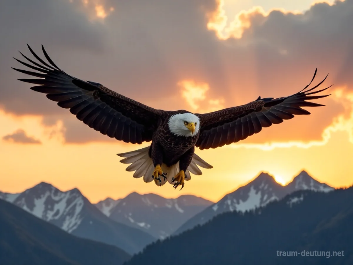 Traumsymbol Adler: Ein majestätischer Weißkopfseeadler fliegt gegen einen dramatischen Sonnenuntergang mit Bergkulisse.