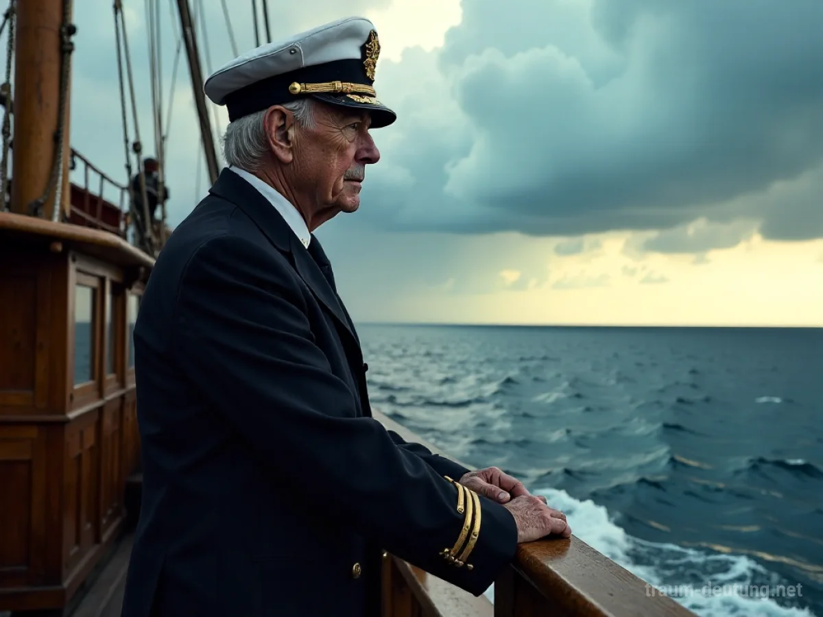 Traumdeutung Admiral: Ein hochrangiger Admiral in Uniform steht auf dem Deck eines Segelschiffs und blickt auf einen stürmischen Horizont unter dramatischem Himmel.