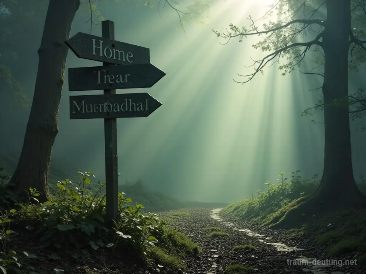 Traumsymbol Adresse: Ein alter Wegweiser steht auf einer nebligen Waldlichtung mit Schildern, die nach Hause und unbekannte Ziele weisen.
