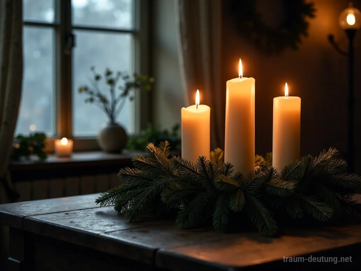 Traumsymbol Advent: Eine festliche Adventskranz-Szene mit vier Kerzen, von denen eine brennt und ein warmes Licht verbreitet, in einem gemütlichen Raum.
