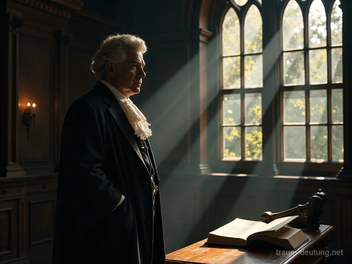 Traumdeutung Advokat: Ein distinguierter Mann im schwarzen Talar und weißer Perücke steht in einem alten, schwach beleuchteten Gerichtssaal, während Sonnenlicht durch ein Fenster fällt.
