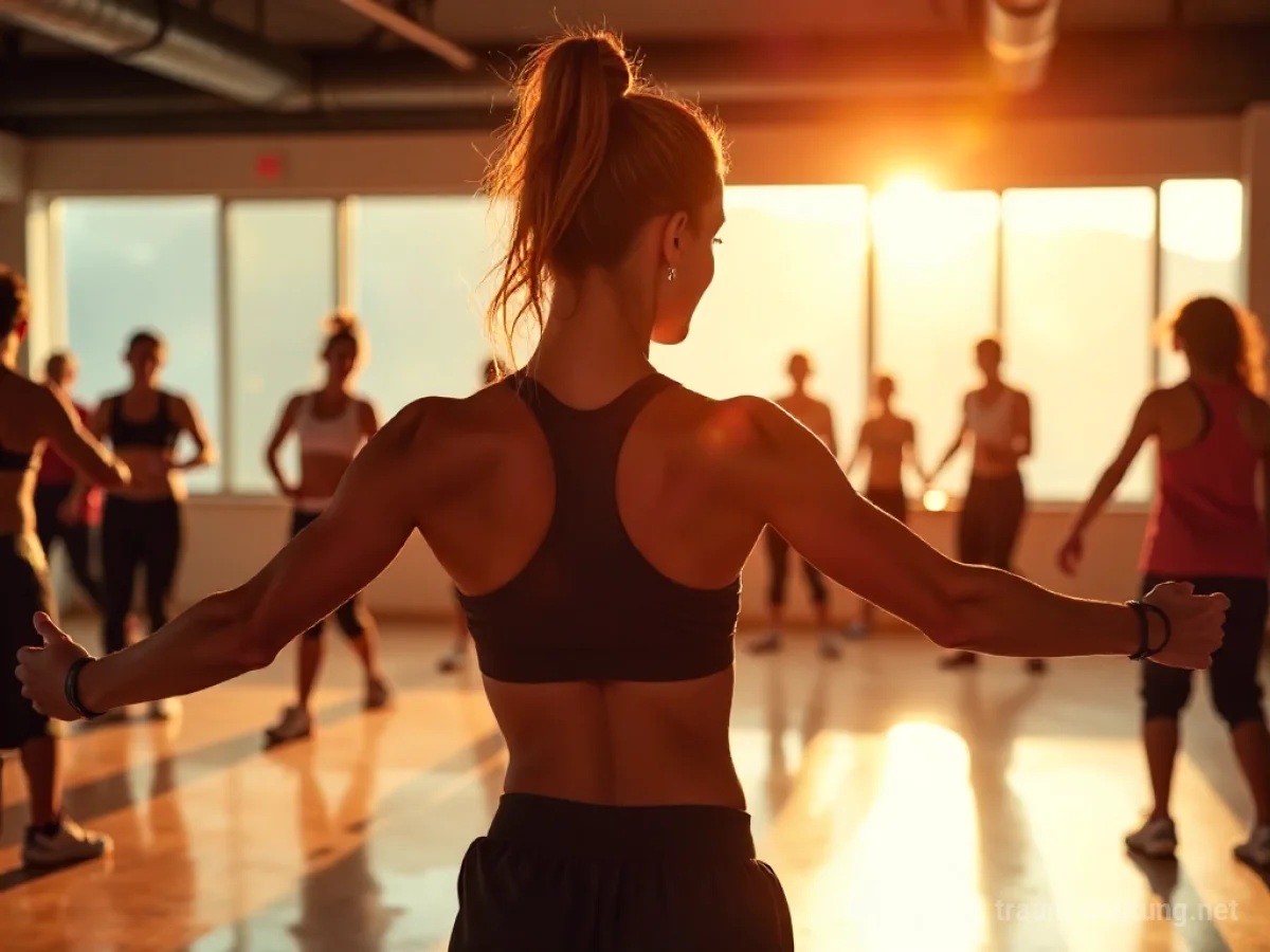 Traumdeutung Aerobic: Eine Person führt eine dynamische Aerobic-Bewegung in einem hellen Fitnessstudio aus, umgeben von verschwommenen anderen Teilnehmern.