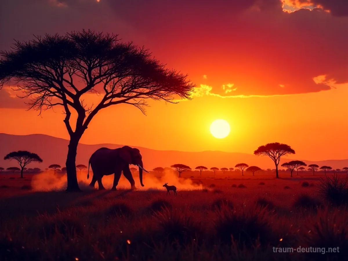 Traumsymbol Afrika: Eine weite, von der Sonne beschienene Savannenlandschaft bei Dämmerung mit Akazienbäumen vor einem orange-violetten Himmel und einem einsamen Elefanten.