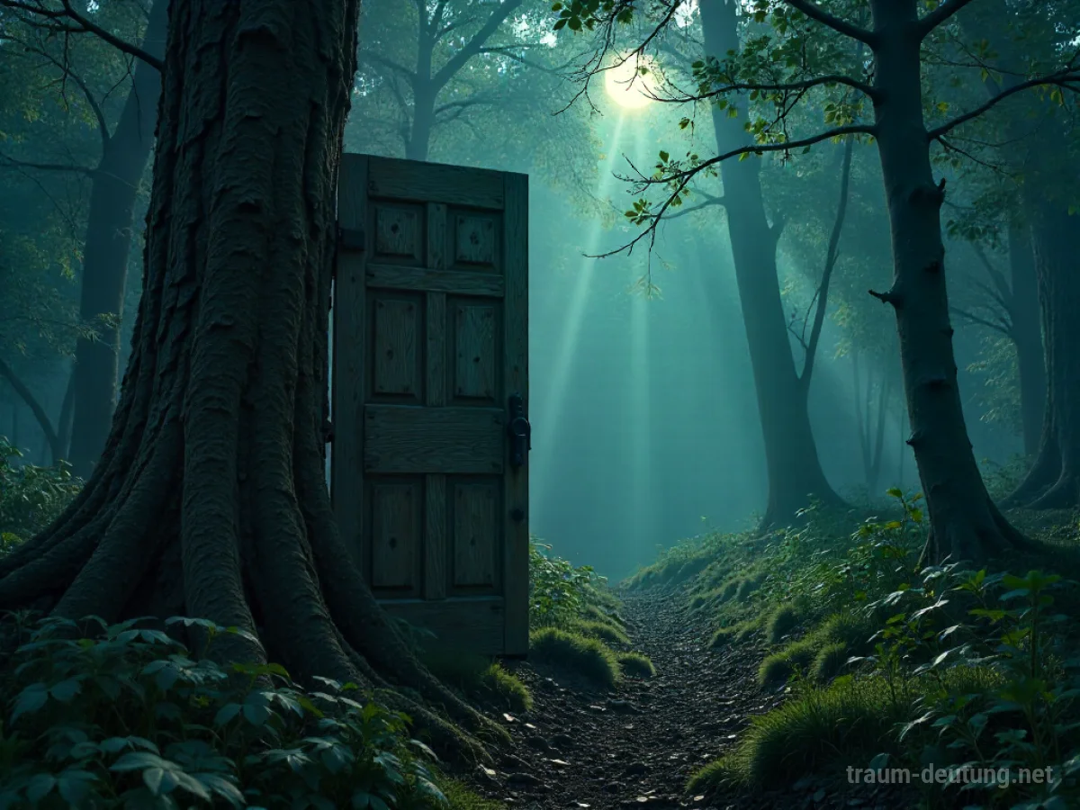 Traumdeutung After: Eine leicht geöffnete, verwitterte Holztür in einem dichten Wald, beleuchtet von mystischem Mondlicht.