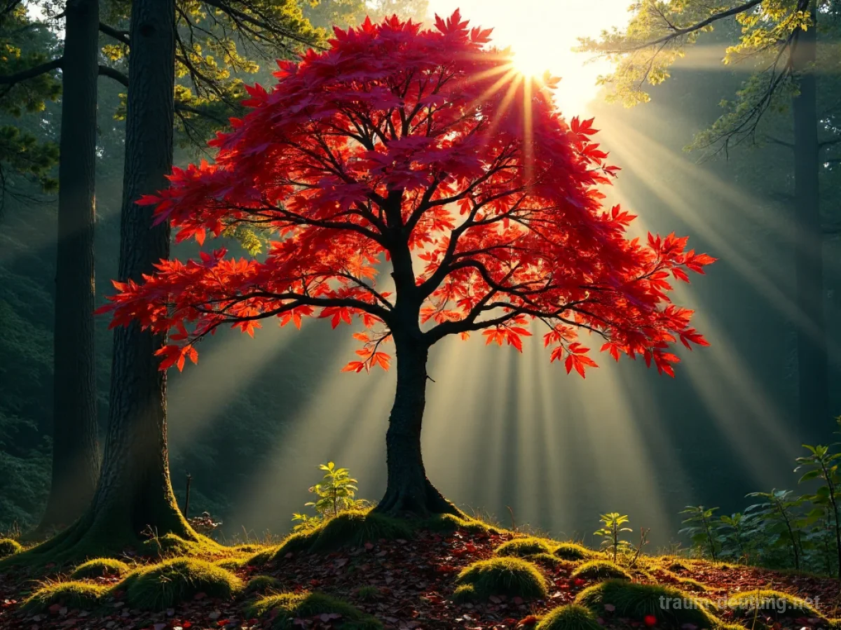 Traumsymbol Ahorn: Ein alter, majestätischer Ahornbaum mit roten Blättern in einem sonnenbeschienenen Waldlichtung, Moos bedeckt den Boden.