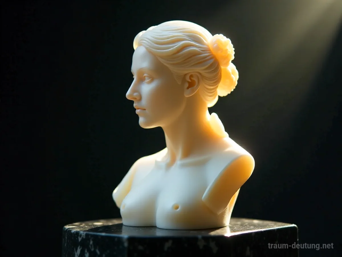 Traumsymbol Alabaster: Eine glatte, durchscheinende Alabasterstatue einer menschlichen Büste ruht auf einem dunklen Marmorsockel, beleuchtet von sanftem, diffuser Licht.