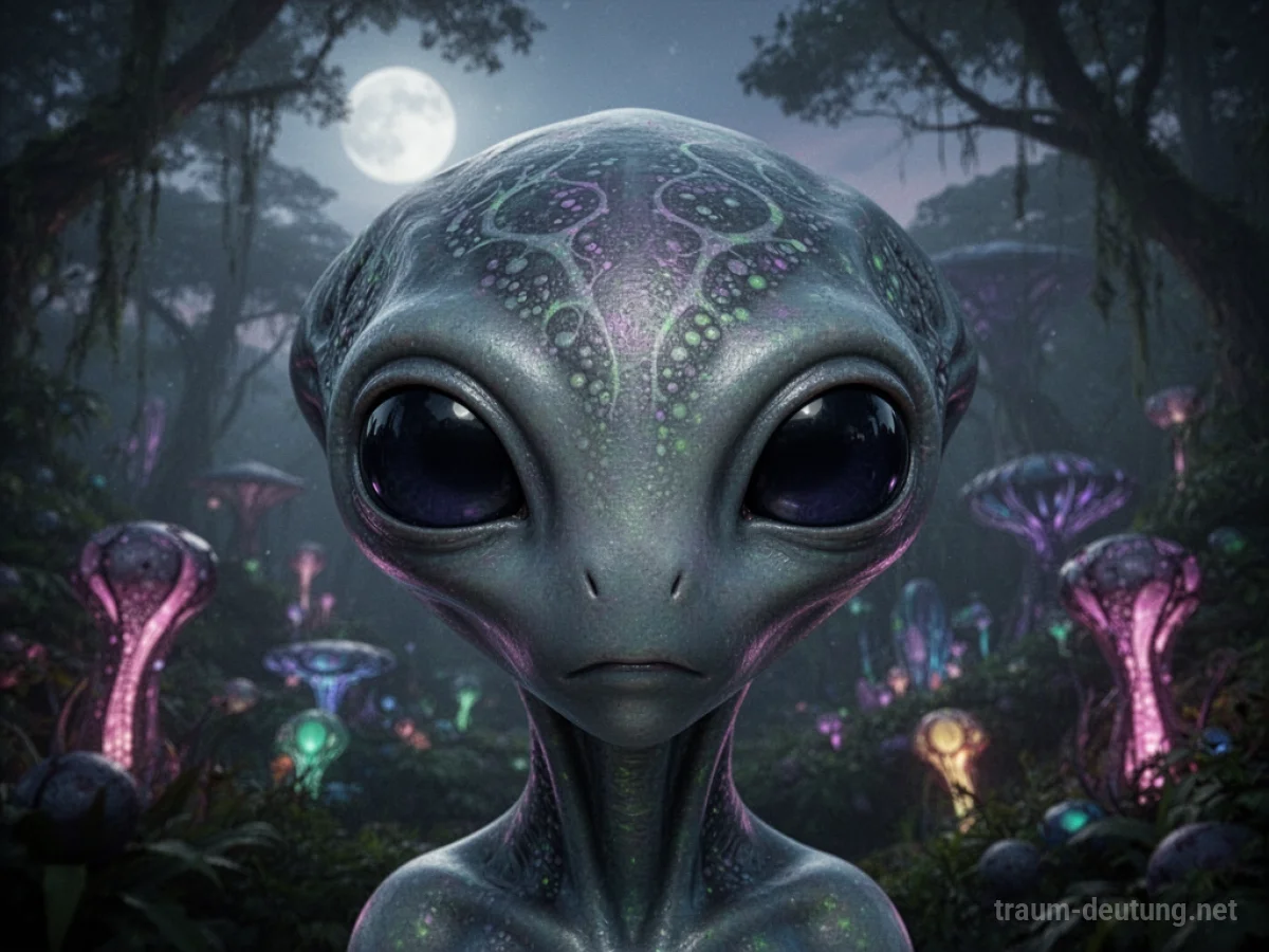 Traumsymbol Alien: Ein fotorealistisches Porträt eines außerirdischen Wesens mit großen, dunklen Augen und schimmernder Haut vor einem mystischen Dschungel im Mondlicht.