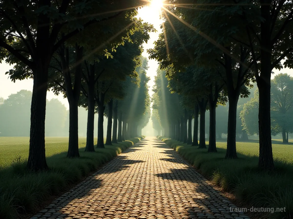 Traumsymbol Allee: Eine lange, gerade Allee mit reifen Bäumen und schattigen Wegen unter gefiltertem Sonnenlicht.