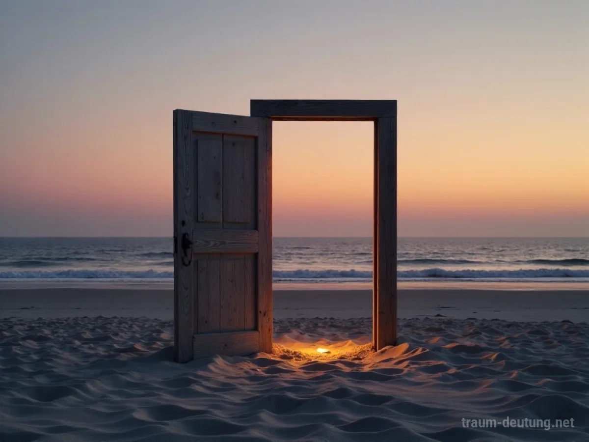 Traumsymbol Allein: Eine einsame Holztür steht angelehnt am Ufer eines weiten Strandes im Zwielicht, mit einem Lichtstrahl, der aus der Tür fällt.