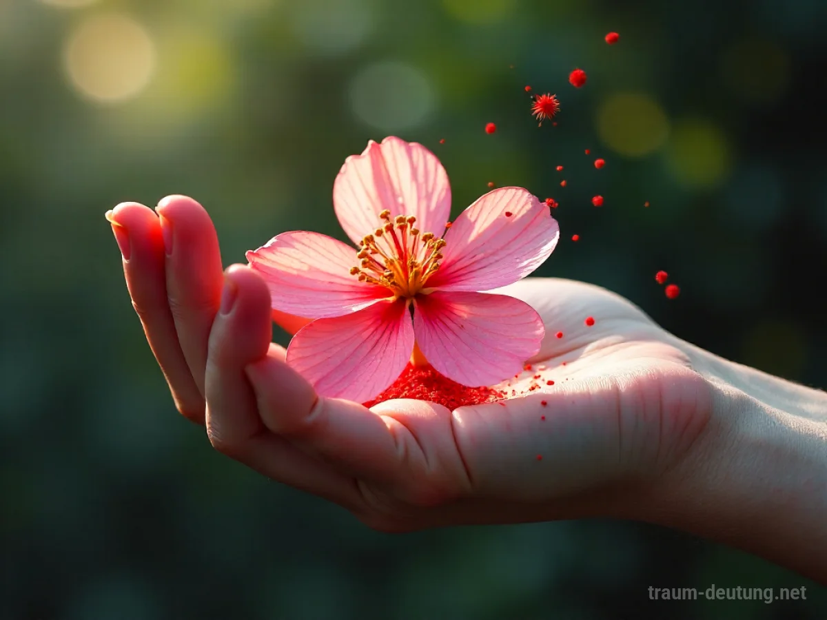 Traumsymbol Allergie: Eine menschliche Hand weicht erschrocken vor einer zarten, transparenten Blume mit rotem Pollenstaub zurück, im diffusen Licht eines Traums.