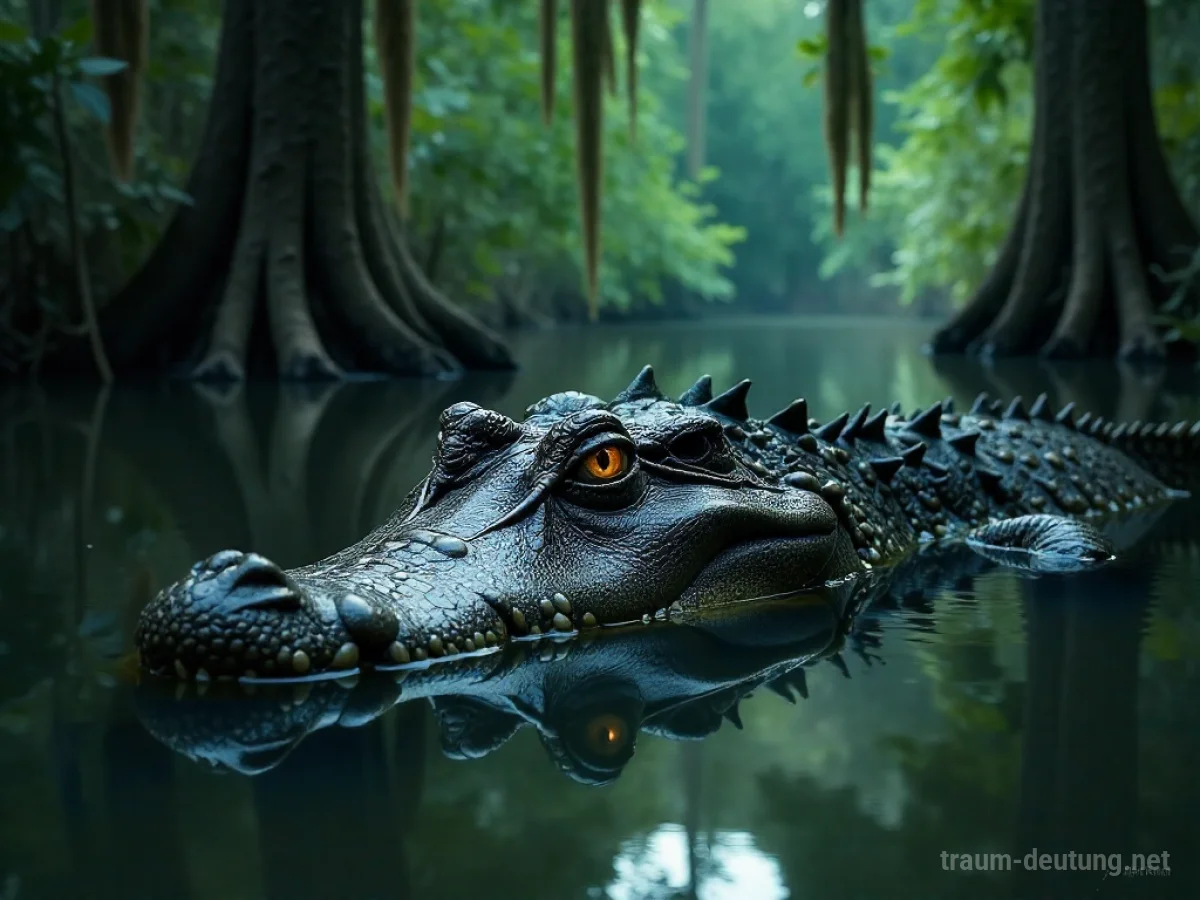 Traumsymbol Alligator: Ein massiver, alter Alligator mit dunklen Schuppen ruht im trüben Wasser eines nebligen Sumpfes, seine Augen glühen bedrohlich.