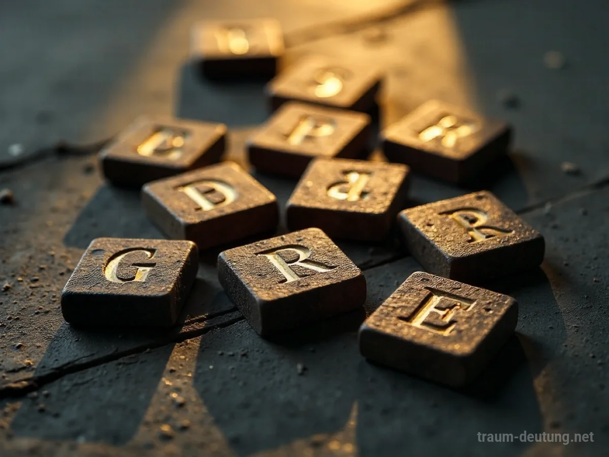 Traumdeutung Alphabet: Antike, verwitterte Holzbuchstaben mit eingravierten goldenen Symbolen liegen auf dunklem, staubigem Untergrund im warmen Licht.