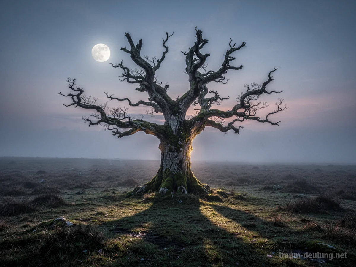 Traumsymbol Alter: Ein uralter, knorriger Baum steht einsam auf einer nebligen Heide unter einem blassen Mondlicht.