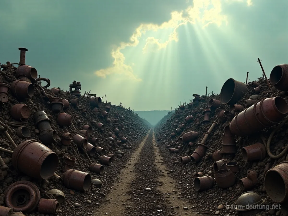Traumsymbol Altmetall: Ein weitläufiger Schrottplatz mit verfallenen Metallobjekten unter einem dramatischen Himmel, von dem vereinzelte Sonnenstrahlen auf rostige Oberflächen fallen.
