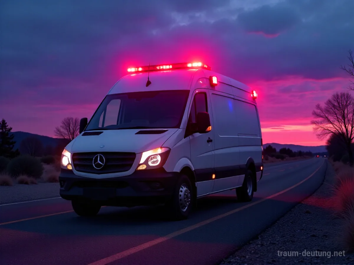 Traumdeutung Ambulanz: Eine weiße Ambulanz mit roten Warnlichtern steht auf einer einsamen, dunklen Straße bei Dämmerung.