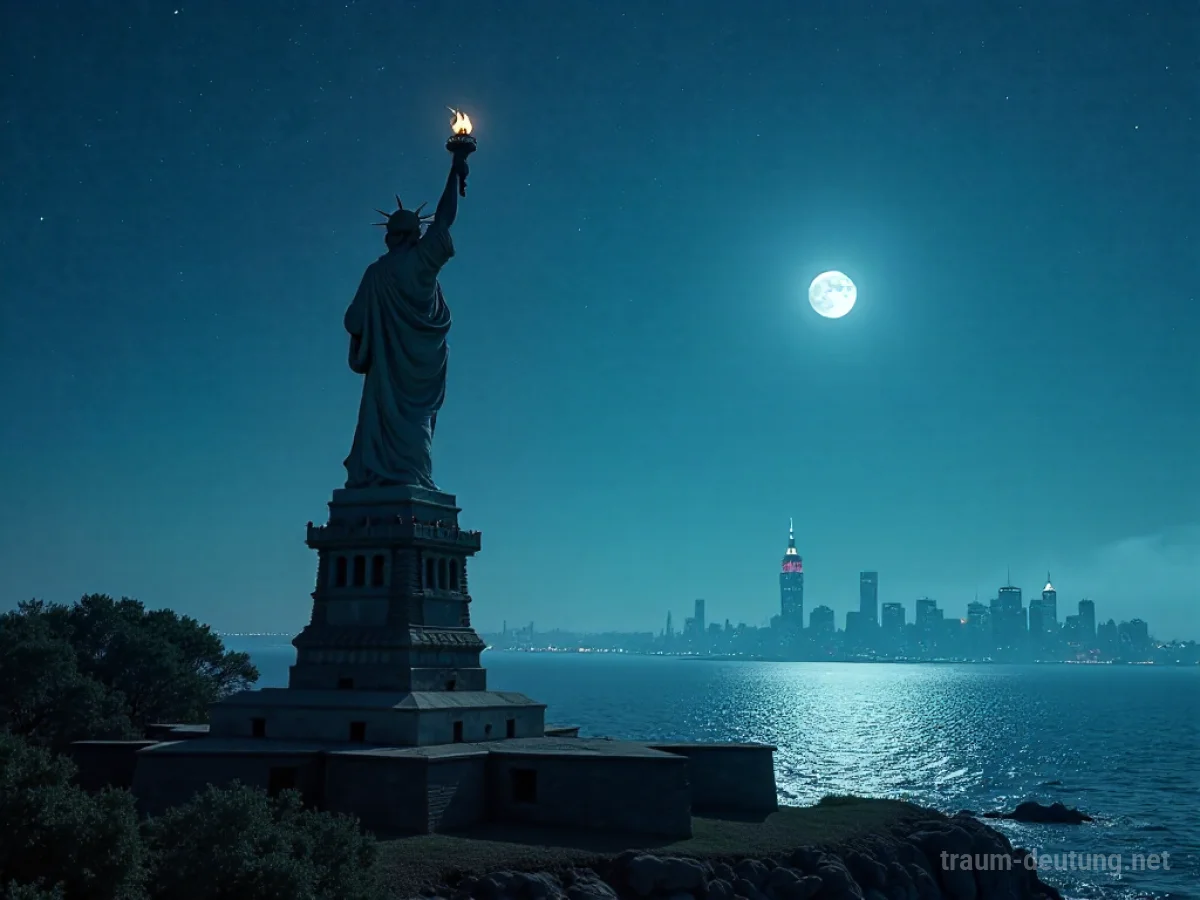Traumsymbol Amerika: Die Freiheitsstatue steht einsam auf einer felsigen Insel unter einem sternenklaren Nachthimmel, beleuchtet vom Mondlicht.