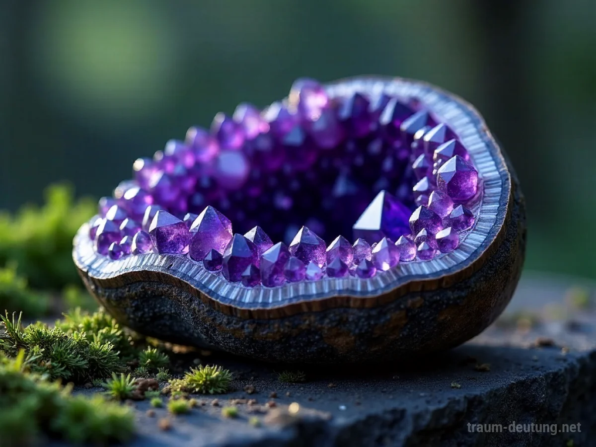 Traumdeutung Amethyst: Eine große Amethyst-Geode ruht auf moosbewachsenem Stein, deren violette Kristalle im Mondlicht schimmern, umgeben von Nebel.
