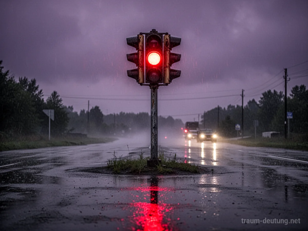 Traumdeutung Ampel: Eine einsame, verwitterte Ampel steht bei Dämmerung an einer verlassenen, regennassen Kreuzung, wobei das rote Licht die nasse Fahrbahn beleuchtet.