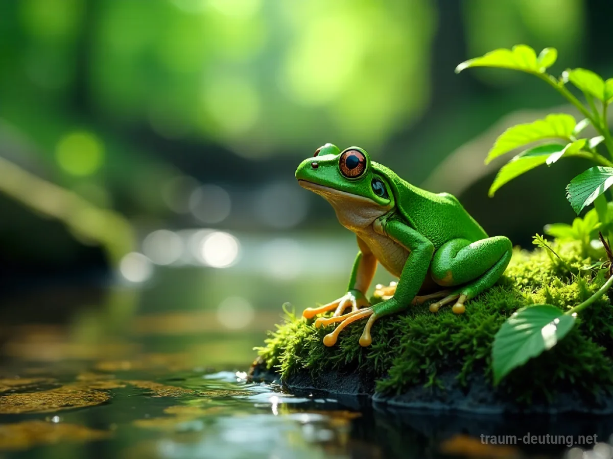 Traumsymbol Amphibie: Ein grüner Frosch sitzt auf einem feuchten Stein an einem Waldbach, beleuchtet von gefiltertem Sonnenlicht.