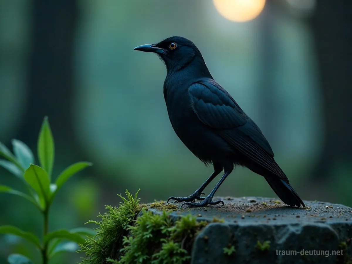Traumsymbol Amsel: Ein schwarzer Vogel sitzt auf einem bemoosten Stein im Mondlicht eines geheimnisvollen Waldes.