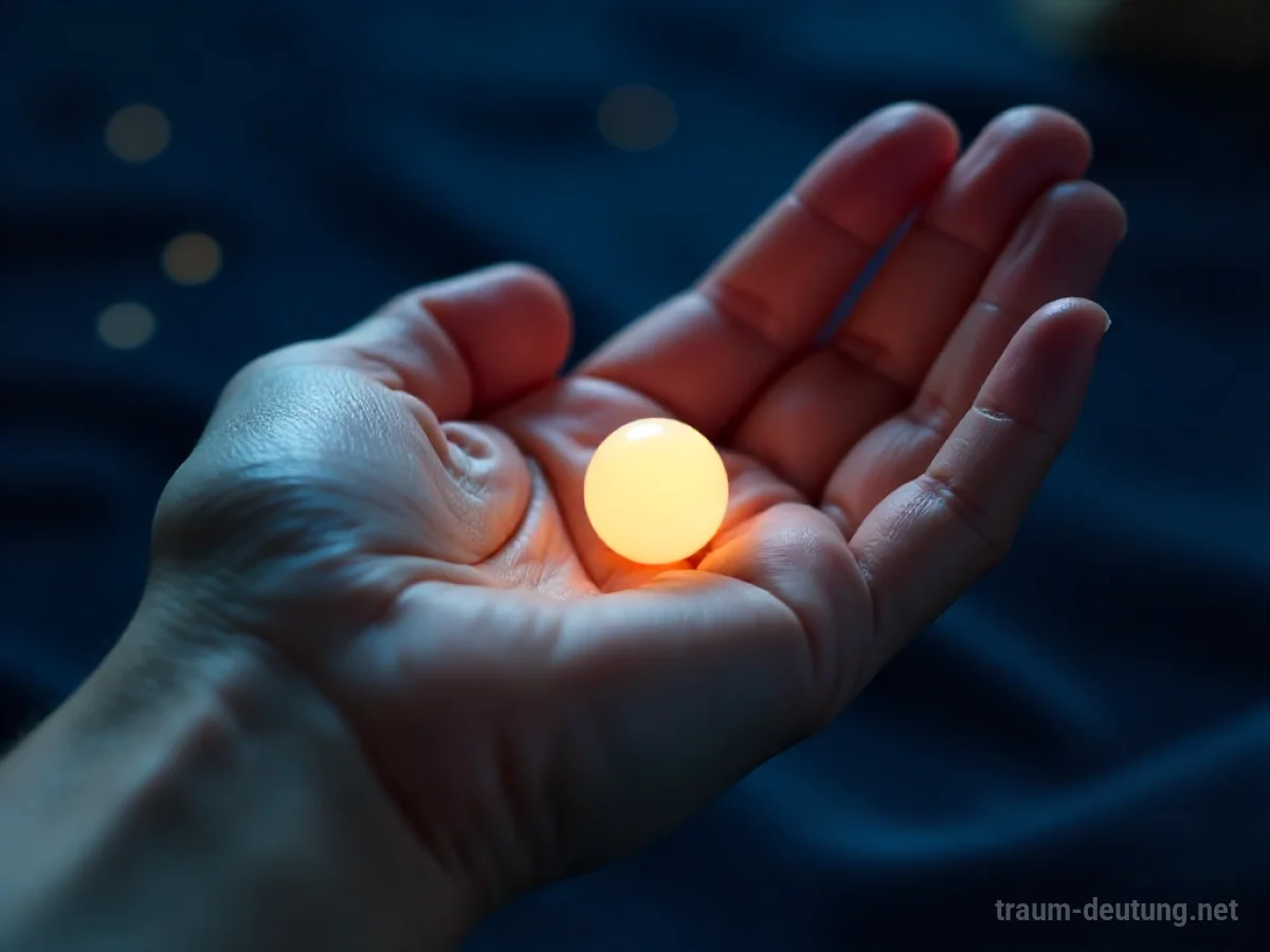 Traumsymbol Anbieten: Eine offene Hand hält eine leuchtende Perle vor einem dunklen, samtenen Hintergrund, beleuchtet von sanftem Licht.