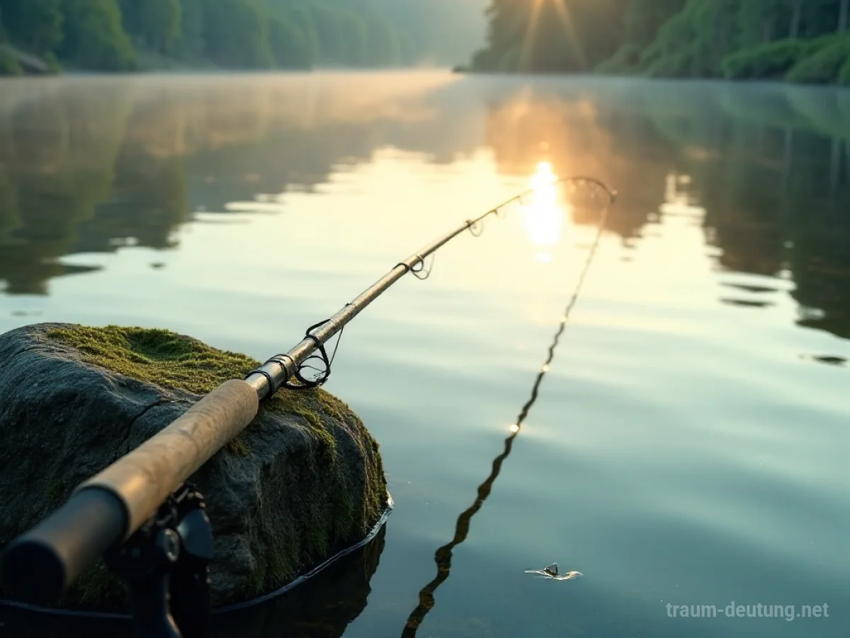 Traumsymbol Angelrute: Eine hölzerne Angelrute liegt an einem steinigen Ufer neben einem ruhigen See im Morgengrauen.