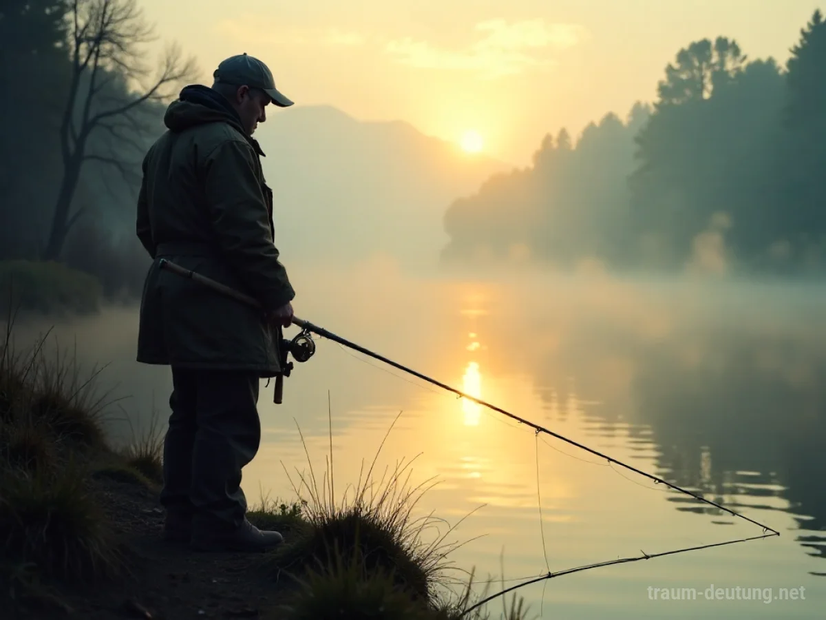 Traumdeutung Angler: Ein einsamer Angler steht in der Morgendämmerung an einem nebligen Flussufer und wirft seine Angel aus.