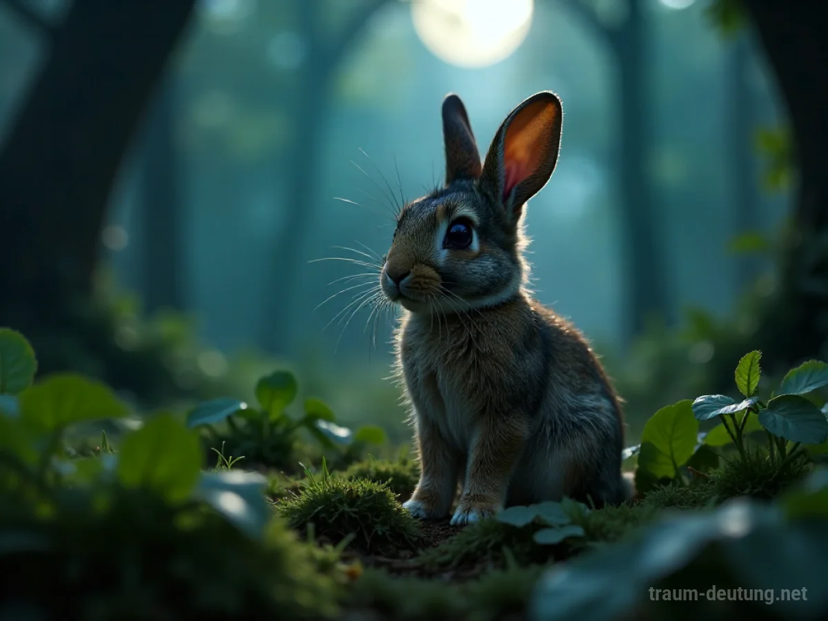 Traumdeutung Angsthase: Ein kleiner, zitternder Hase mit weit aufgerissenen, ängstlichen Augen sitzt in einer dunklen, verwilderten Waldlichtung, beleuchtet von schmalen Mondlichtstrahlen.