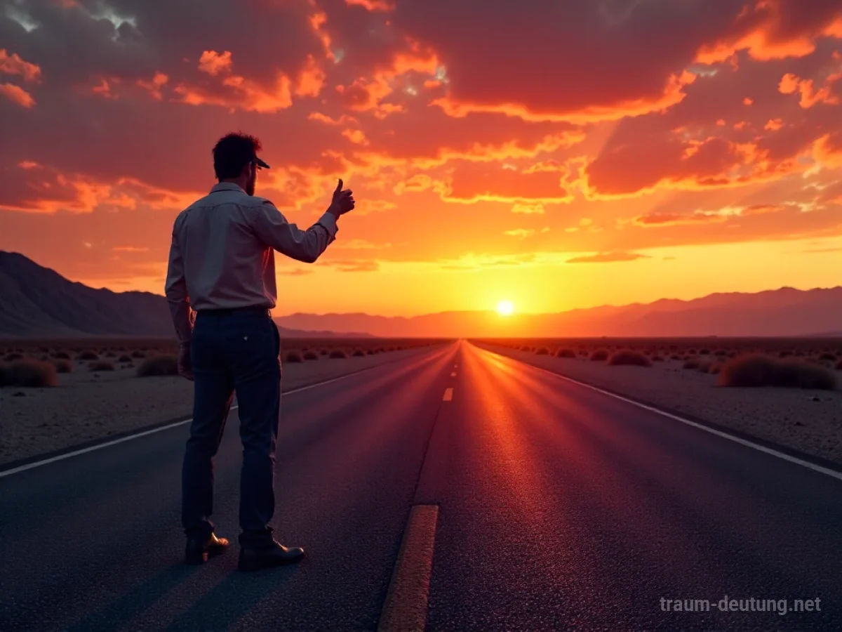 Traumsymbol Anhalter: Eine einsame Figur steht mit ausgestrecktem Daumen auf einer verlassenen, rissigen Wüstenautobahn im Zwielicht, die Silhouette gegen einen orange-violetten Himmel.