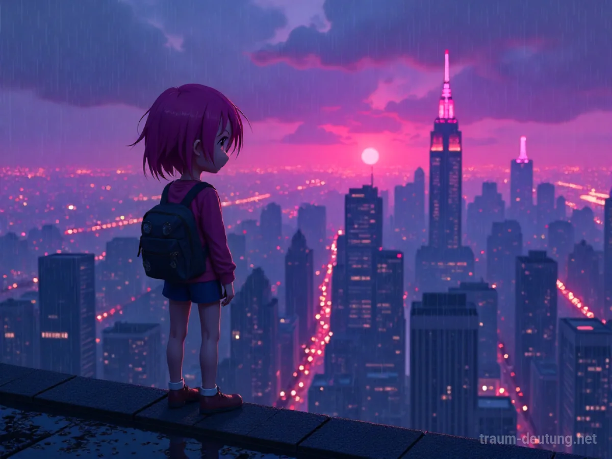 Traumdeutung Anime: Eine einzelne Anime-Figur steht auf einem regennassen Dach und blickt auf eine neonbeleuchtete Stadtkulisse im Zwielicht.