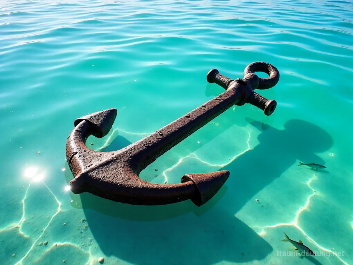 Traumsymbol Anker: Ein rostiger Eisenanker liegt halb versunken im klaren türkisfarbenen Meerwasser auf sandigem Grund, umgeben von kleinen Fischen.