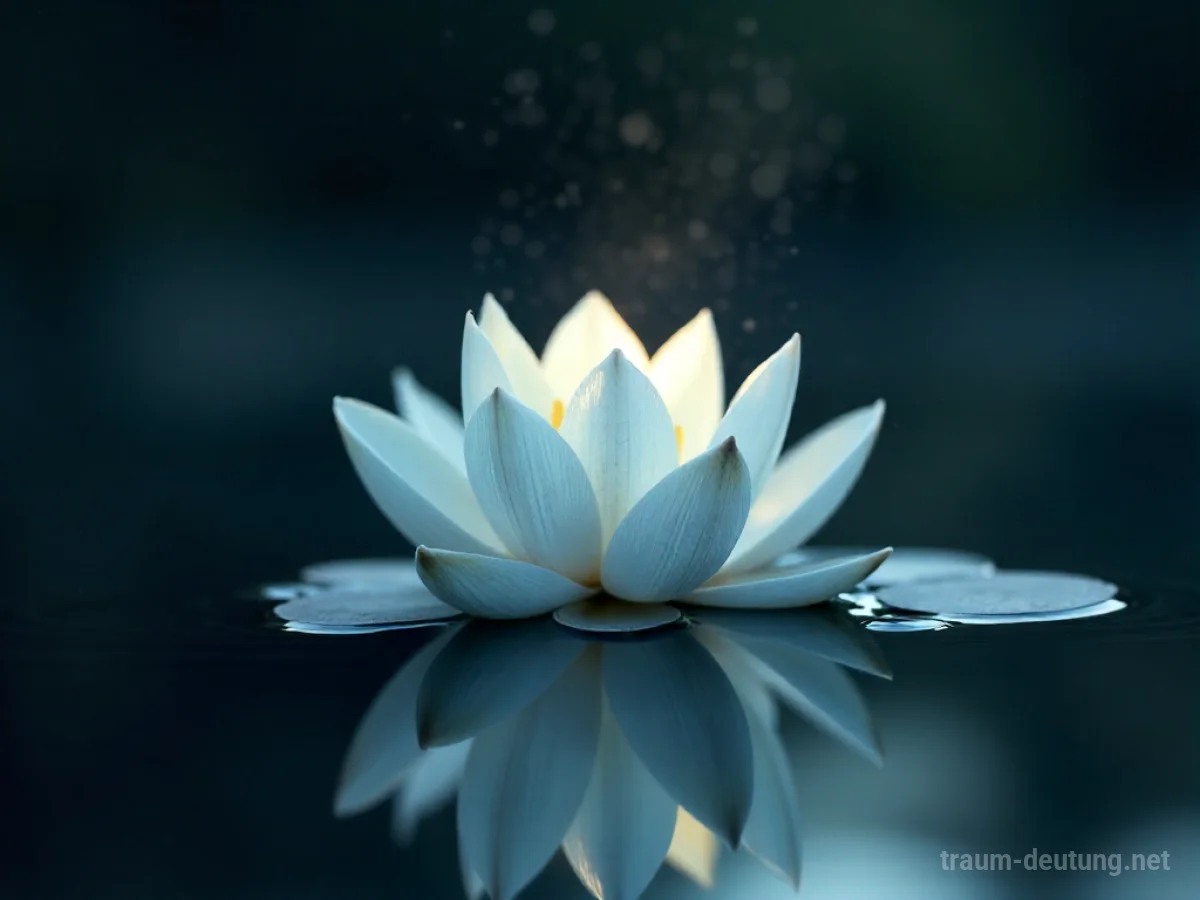 Traumsymbol Annahme: Eine einzelne, sanft entfaltete weiße Lotusblume ruht auf stillem, dunklem Wasser im Mondlicht.