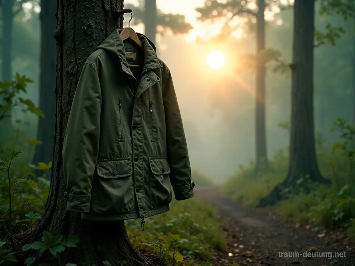Traumdeutung Anorak: Ein verwitterter, olivgrüner Anorak hängt an einem rauen Holzpfosten im nebligen Wald, beleuchtet von schwachem Morgenlicht.