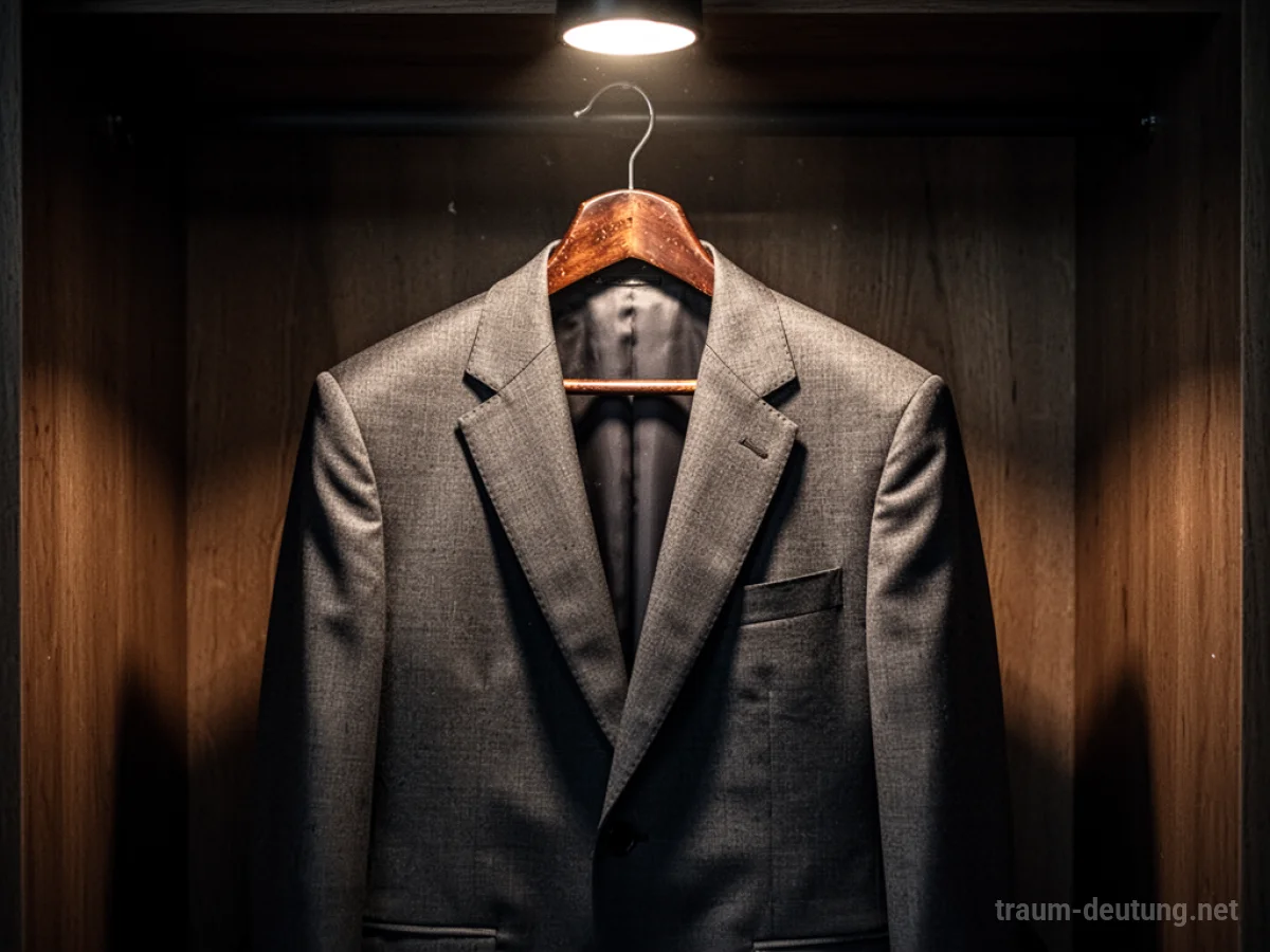 Traumsymbol Anzug: Ein scharf geschnittener, anthrazitfarbener Business-Anzug hängt an einem Vintage-Holzbügel in einem schwach beleuchteten Kleiderschrank, beleuchtet von einem warmen Spotlight.
